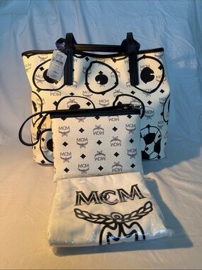 MCM White & Black Visetos Soccer Print Tote with Pouch and Dust Bag